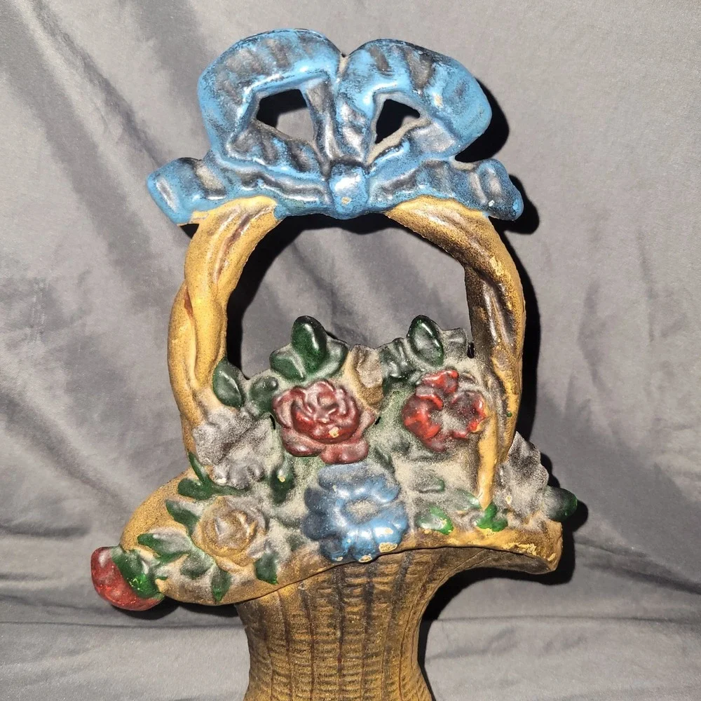 Antique Cast Iron Hubley Woven Wicker  Design Flower Basket Door Stop